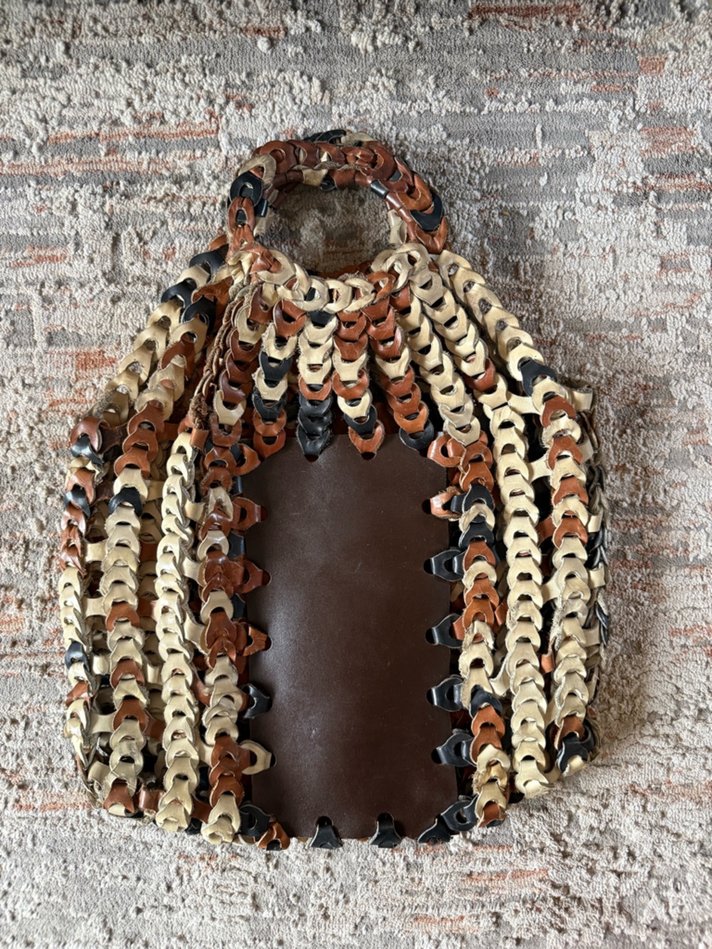 Hand Woven Linked Leather 1970’s Boho Large Handbag Tote Purse Argentina Vintage